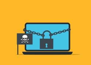 Crypto mining malware graphic of computer locked with pirate flag for decentral publishing
