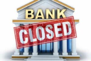 Cryptocurrency and banking graphic of a bank with the word closed in front of it for decentral publishing