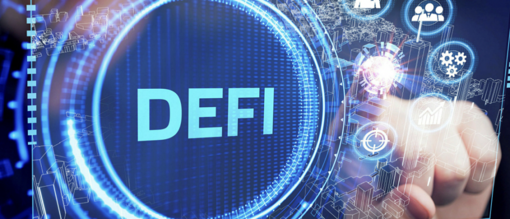 DeFi social benefits defi logo finger touching screen