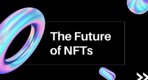 NFT the future of NFTs on a black background with 3D objects for decentral publishing