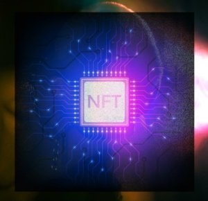 Store NFTs in a hardware wallet chip nft on graphic background for decentral publishing