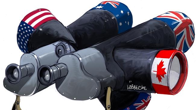 Surveillance state graphic of binoculars with various country flags on it for decentral publishing