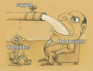 anti establishment meme of a pipe representing crypto going to a fat mans mouth representing the people and drops going to a skinny man representing the elites for decentral publishing