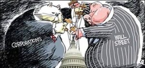 anti establishment political cartoon of corporations and wallstreet using marionettes to move congress for decentral publishing
