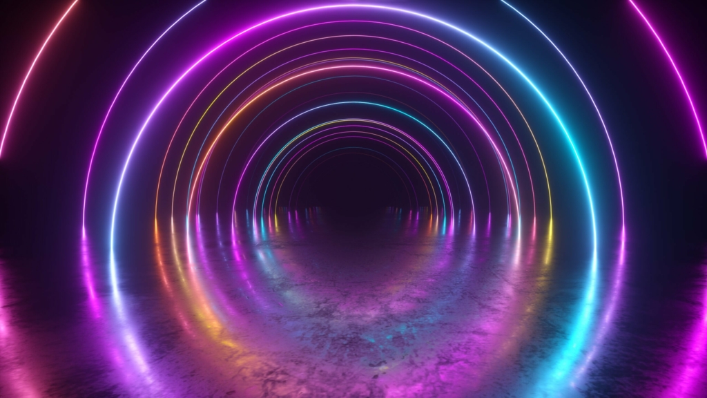 blockchain crypto defi nft metaverse infinity flight inside tunnel neon light abstract