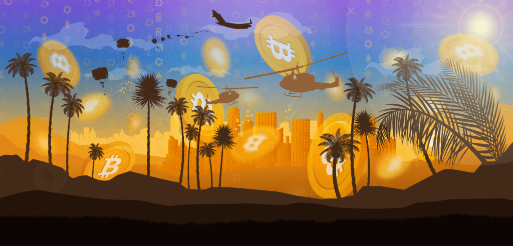 crypto airdrops falling from sky in Miami from parachute helicopter