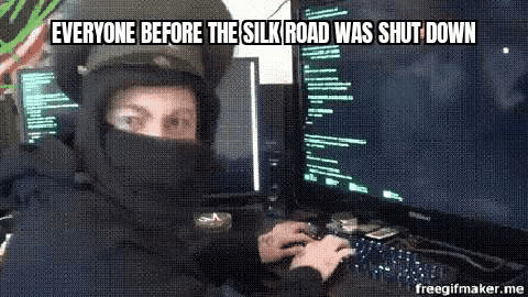 crypto history meme everyone before the silk road was shut down man hiding face dacing while typing on computer decentral publishing