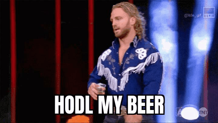 crypto history meme man giving another man a drink with hodl my beer caption decentral publishing