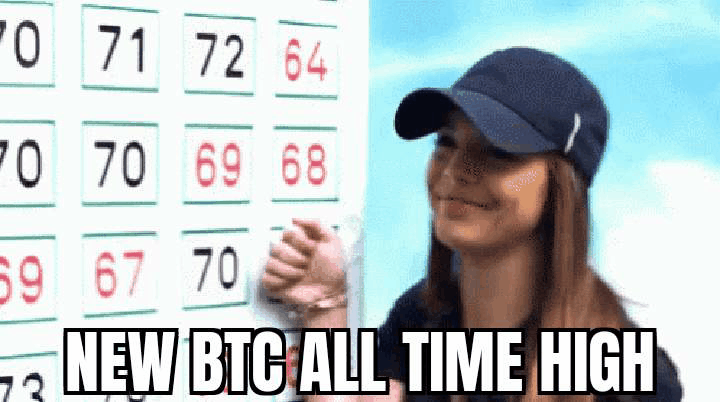 crypto history meme new btc all time high with woman pointing to 69 decentral publishing