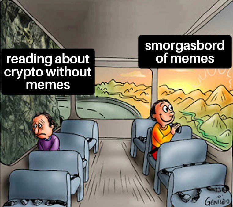 crypto history meme reading about crypto without memes with sad man smorgasbord of memes with happy man decentral publishing