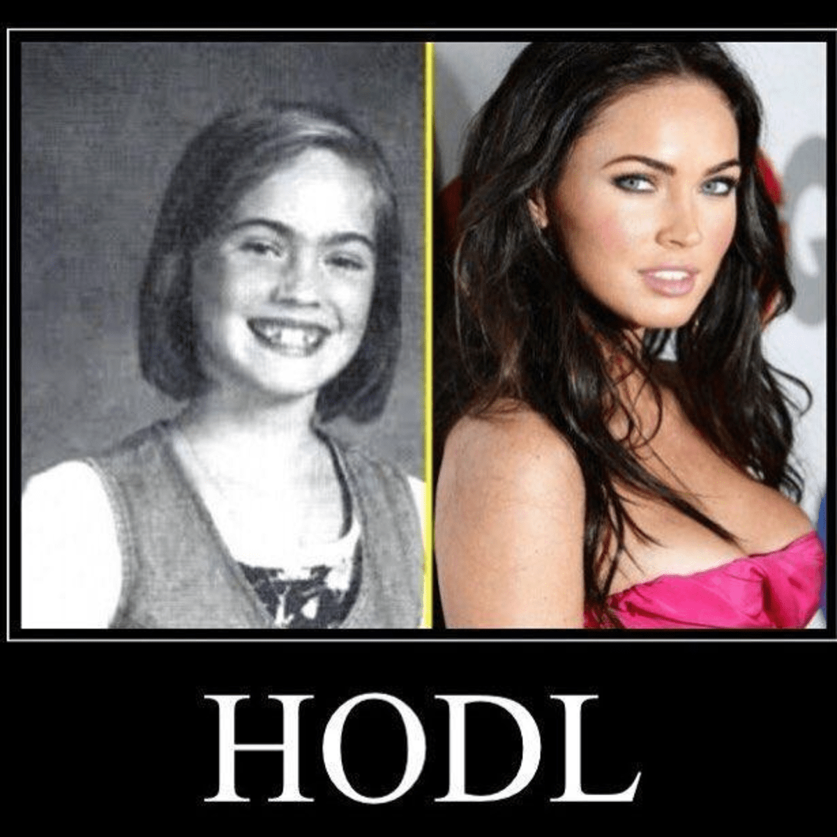 crypto inside jokes meme young megan fox next to older megan fox hodl for decentral publishing