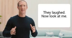 crypto investor mark zuckerberg with a sign that says they laughed now look at me for decentral publishing