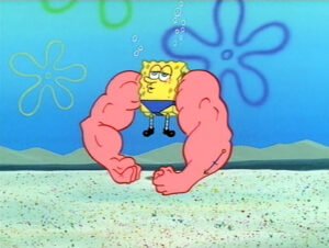 crypto investor sponge bob square pants with overly large arms holding him above the ground for decentral publishing