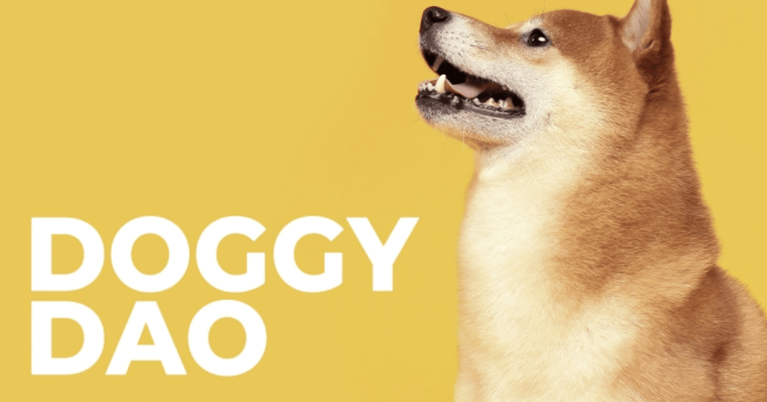 crypto news banner of a dog with the words doggy dao for decentral publishing