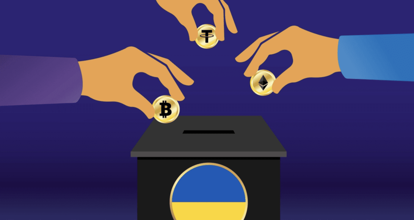 crypto news wrap up graphic coins in box with Ukraine flag for decentral publishing