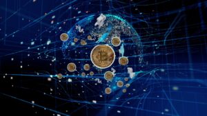 defi lending terms bitcoins surrounding a silhouette of the globe for decentral publishing