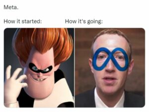 mark zuckerberg meme how it started with picture of syndrome from the incredibles and zuck with his meta logo on his face for decentral publishing