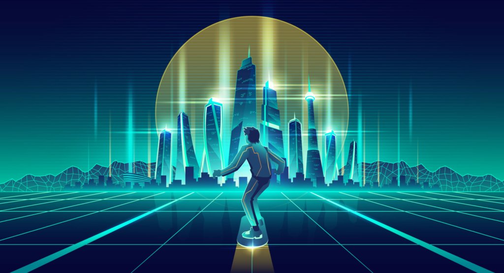 metaverse man skateboarding future metropolis vector