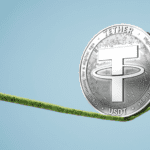 tether coin on green tightrope suspended in the blue sky