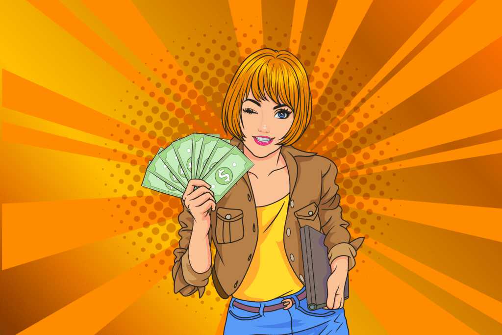 trust economy heade of cartoon woman holding a handful of fiat money and winking and smiling