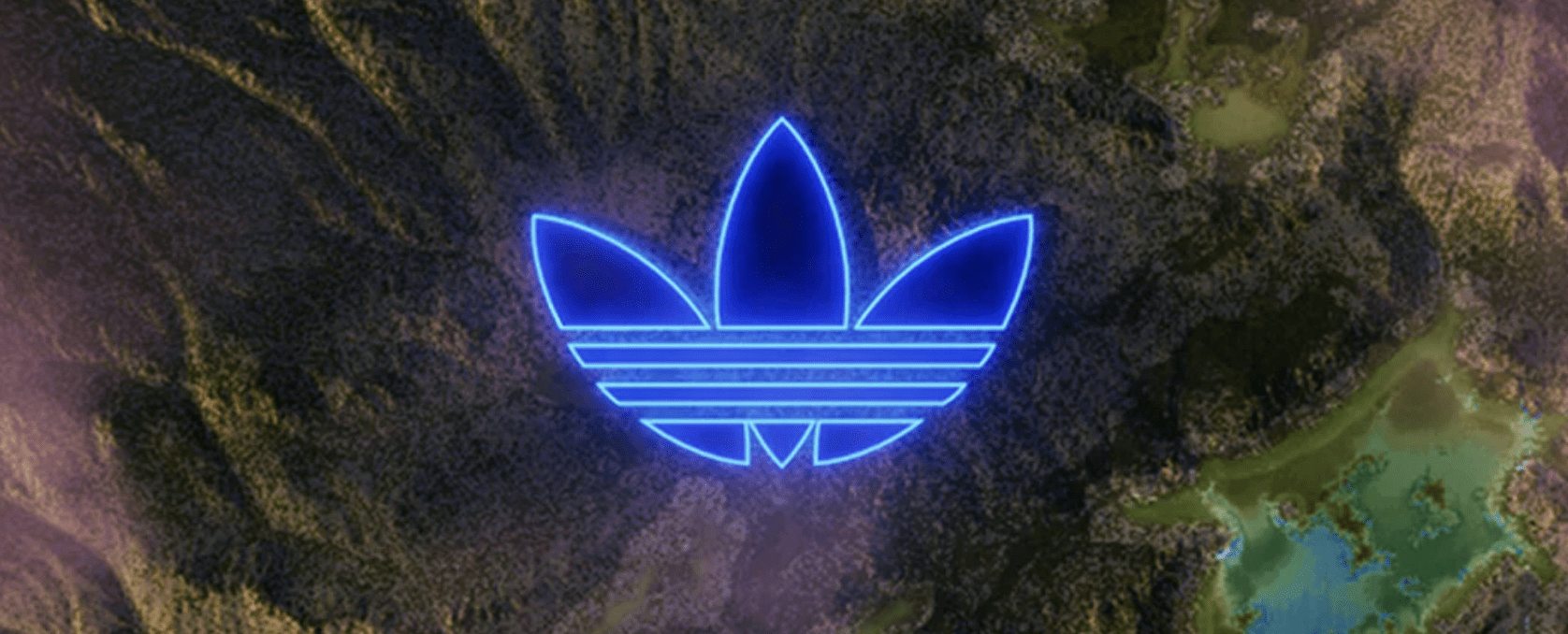 weekly crypto news adidas logo outlined with in neon blue on a dark tie die background for decentral publishing