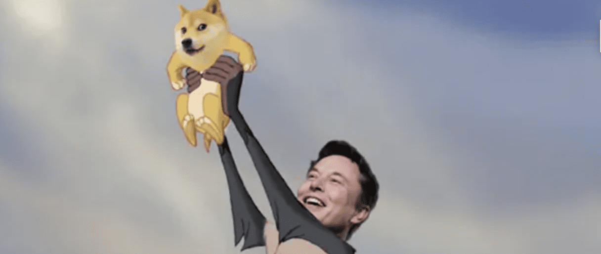 weekly crypto news lion king scene with elon musk as the money and the dogecoin dog as simba being held up for decentral publishing